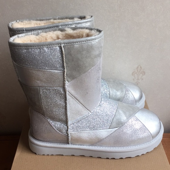 Ugg Classic Glitter Patchwork Boots Silver NEW - Picture 2 of 8